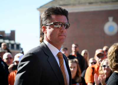 	Nov 12, 2016; Stillwater, OK, USA; Oklahoma State Cowboys head coach Mike Gundy before the game against the Texas Tech Red Raiders at Boone Pickens Stadium. Mandatory Credit: Rob Ferguson-USA TODAY Sports