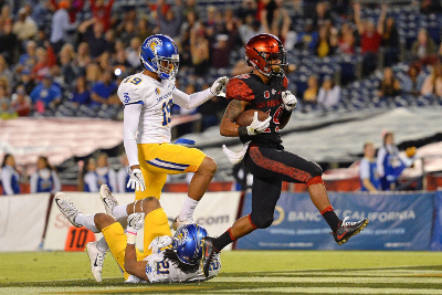 Oct 21, 2016; San Diego, CA, USA; San Diego State Aztecs running back Donnel Pumphrey (R) scores a touchdown during the third quarter as /sf19d/ and cornerback Andre Chachere (21) defend at Qualcomm Stadium. Mandatory Credit: Jake Roth-USA TODAY Sports