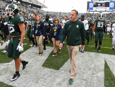 Oct 29, 2016; East Lansing, MI, USA; Michigan State Spartans head coach Mark Dantonio walks of the field after the game against the Michigan Wolverines at Spartan Stadium. Mandatory Credit: Brad Mills-USA TODAY Sports Oct 29, 2016; East Lansing, MI, USA; Michigan State Spartans head coach Mark Dantonio walks of the field after the game against the Michigan Wolverines at Spartan Stadium. Mandatory Credit: Brad Mills-USA TODAY Sports