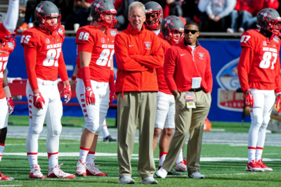 Dec 19, 2015; Albuquerque, NM, USA; New Mexico Lobos head coach Bob Davie looks on prior to the game against the Arizona Wildcats in the 2015 New Mexico Bowl at University Stadium. Mandatory Credit: Matt Kartozian-USA TODAY Sports