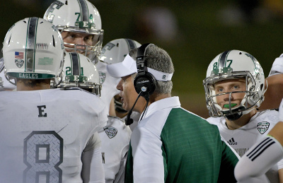 Sep 10, 2016; Columbia, MO, USA; Eastern Michigan Eagles head coach Chris Creighton talks with players during a time out in the second half against the Missouri Tigers at Faurot Field. Missouri won 61-21. Mandatory Credit: Denny Medley-USA TODAY Sports