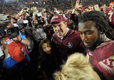 Nov 26, 2016; Tallahassee, FL, USA; Florida State Seminoles head coach Jimbo Fisher with running back Dalvin Cook celebrate after the game against the Florida Gators at Doak Campbell Stadium. Mandatory Credit: Melina Vastola-USA TODAY Sports