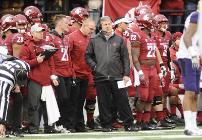 Nov 25, 2016; Pullman, WA, USA; Washington State Cougars head coach Mike Leach looks on against the Washington Huskies during the second half at Martin Stadium. The Huskies won 45-17. Mandatory Credit: James Snook-USA TODAY Sports