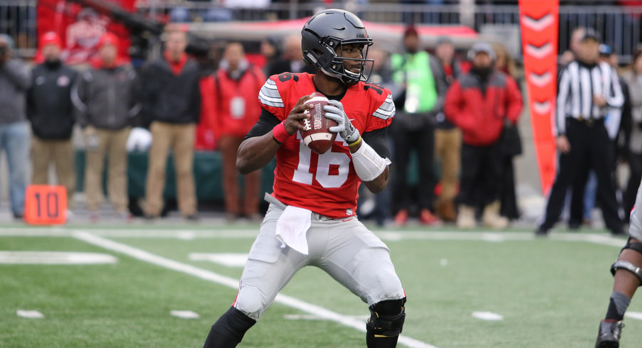 Ohio State quarterback J.T. Barrett drops back to pass vs. Michigan.