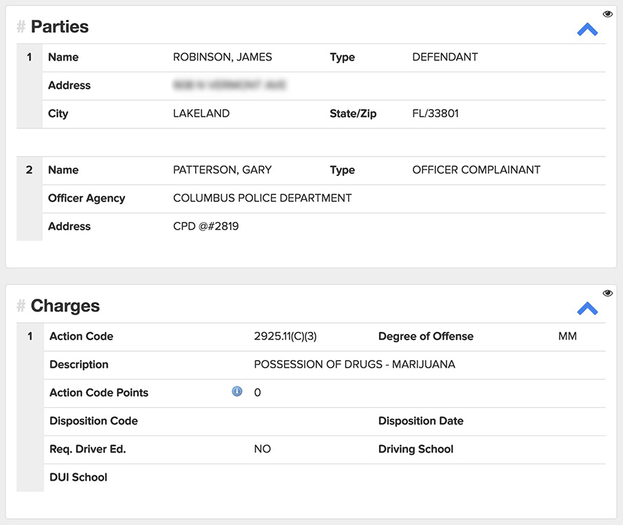 A screenshot of Florida wide receiver James Robinson's case from the Franklin County Clerk of Courts website.