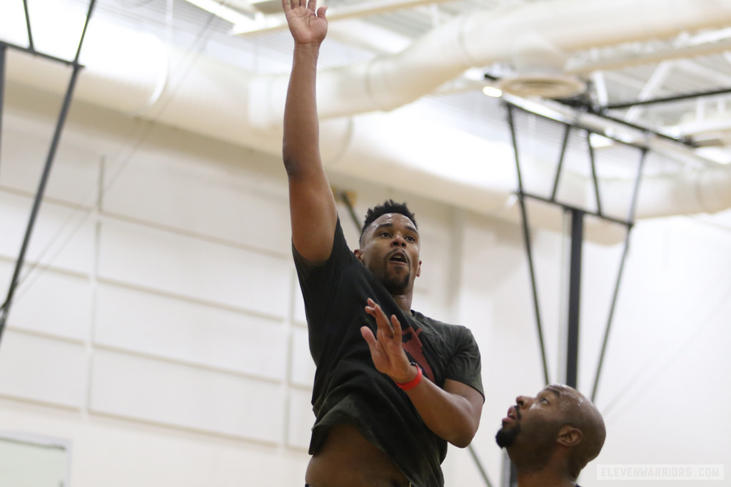 Jared Sullinger shoots over Dallas Lauderdale during The Basketball Tournament practice.