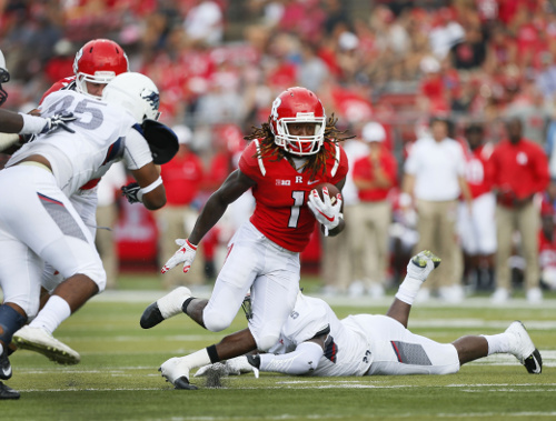 Sep 10, 2016; Piscataway, NJ, USA; Rutgers Scarlet Knights wide receiver Janarion Grant (1) runs against the Howard Bisons for a touchdown during second half at High Points Solutions Stadium. Mandatory Credit: Noah K. Murray-USA TODAY Sports