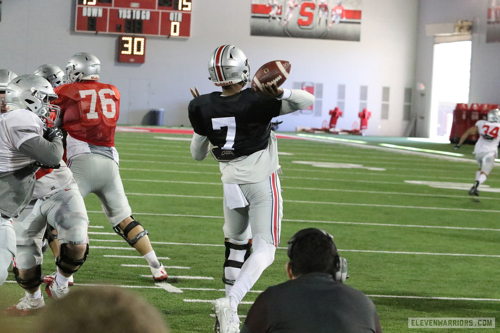 Dwayne Haskins throwing the football during spring practice.