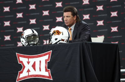 Jul 18, 2017; Frisco, TX, USA; Oklahoma State Cowboys head coach Mike Gundy speaks to the media during the Big 12 media days at the Frisco Star Ford Center. Mandatory Credit: Kevin Jairaj-USA TODAY Sports