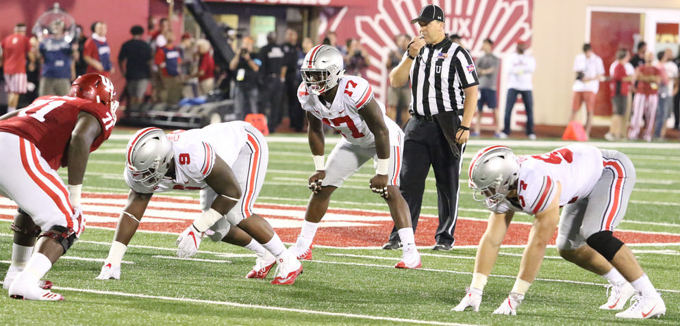 Jashon Cornell (9) lines up alongside Nick Bosa (97), with Jerome Baker (17) behind him, in Thursday's game at Indiana.