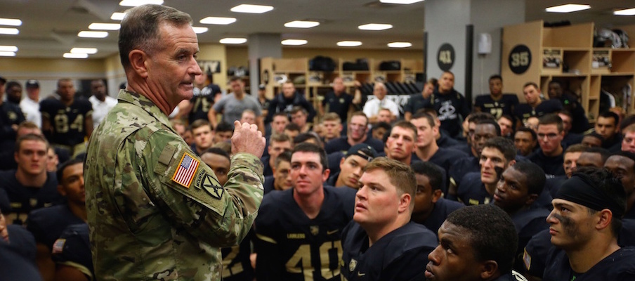 U.S. Army major general Walter Piatt speaks to the Black Knights after their win over Buffalo.