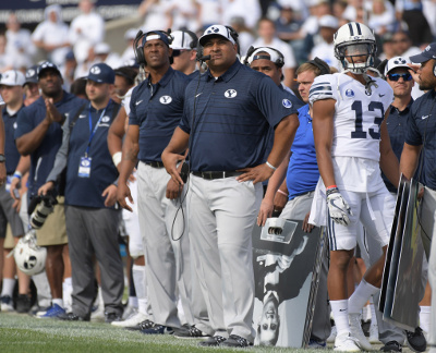 Sep 16, 2017; Provo, UT, USA; Brigham Young Cougars head coach Kalani Sitake reacts in the fourth quarter against the Wisconsin Badgers at LaVell Edwards Stadium. Wisconsin defeated BYU 40-6. Mandatory Credit: Kirby Lee-USA TODAY Sports