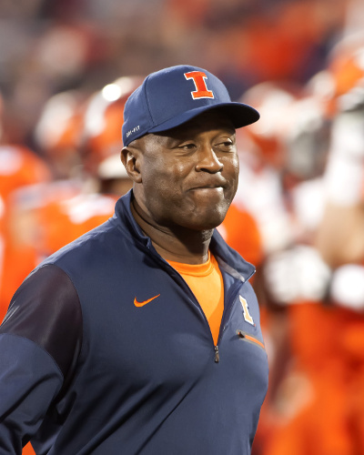 Sep 29, 2017; Champaign, IL, USA; Illinois Fighting Illini head coach Lovie Smith observes his team during pregame warmups against the Nebraska Cornhuskers at Memorial Stadium. Mandatory Credit: Mike Granse-USA TODAY Sports