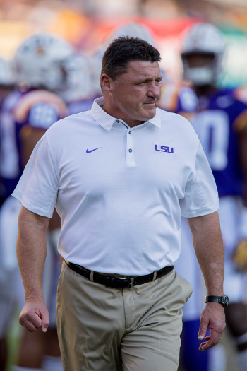 Sep 30, 2017; Baton Rouge, LA, USA; LSU Tigers head coach Ed Orgeron looks on during the game between the LSU Tigers and the Troy Trojans at Tiger Stadium. Troy Trojans won 24-21. Mandatory Credit: Stephen Lew-USA TODAY Sports