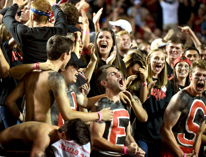 Oct 5, 2017; Raleigh, NC, USA; North Carolina State Wolfpack fans react to a touchdown during the second half against the Louisville Cardinals at Carter-Finley Stadium. The Wolfpack won 39-25. Mandatory Credit: Rob Kinnan-USA TODAY Sports