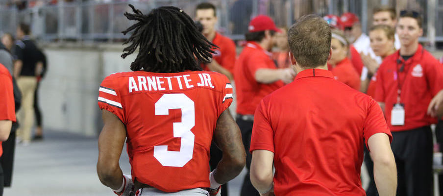 Damon Arnette heads back to the locker room after being ejected from Saturday's game against Maryland for targeting.