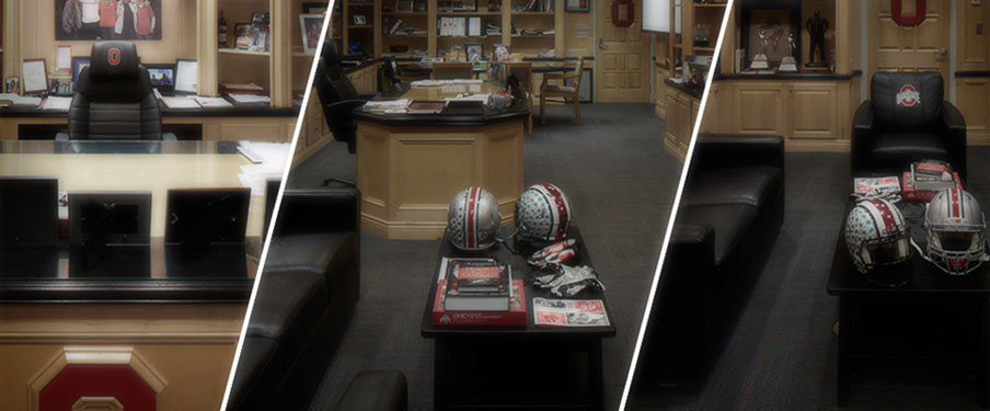 Helmets in Meyer's office, via ESPN Helmets in Meyer's office, via ESPN