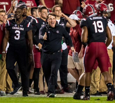 Nov 18, 2017; Columbia, SC, USA; South Carolina Gamecocks head coach Will Muschamp celebrates a Wofford Terriers turnover with South Carolina Gamecocks defensive lineman Brad Johnson (19) in the second half at Williams-Brice Stadium. Mandatory Credit: Jeff Blake-USA TODAY Sports