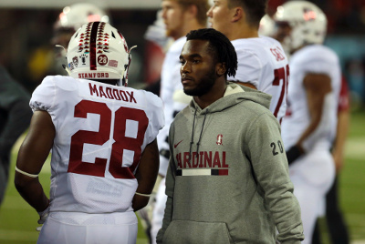 Oct 26, 2017; Corvallis, OR, USA; Stanford Cardinal running back Bryce Love (20) stands on the sideline not in uniform due to injury against the Oregon State Beavers at Reser Stadium. Mandatory Credit: Scott Olmos-USA TODAY Sports Oct 26, 2017; Corvallis, OR, USA; Stanford Cardinal running back Bryce Love (20) stands on the sideline not in uniform due to injury against the Oregon State Beavers at Reser Stadium. Mandatory Credit: Scott Olmos-USA TODAY Sports