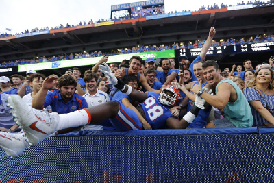 Sep 16, 2017; Gainesville, FL, USA; Florida Gators defensive lineman Luke Ancrum (98) celebrates with fans as they beat the Tennessee Volunteers at Ben Hill Griffin Stadium. Mandatory Credit: Kim Klement-USA TODAY Sports