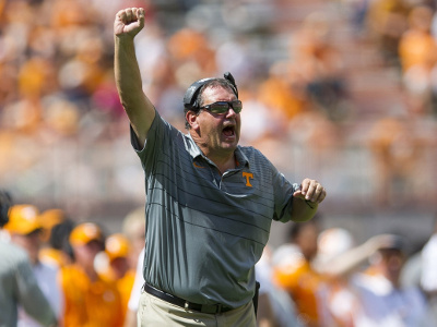Sep 23, 2017; Knoxville, TN, USA; Tennessee defensive line coach Brady Hoke yells from the sidelines against UMass in Neyland Stadium. Mandatory Credit: Calvin Mattheis/Knoxville News Sentinel via USA TODAY Sports