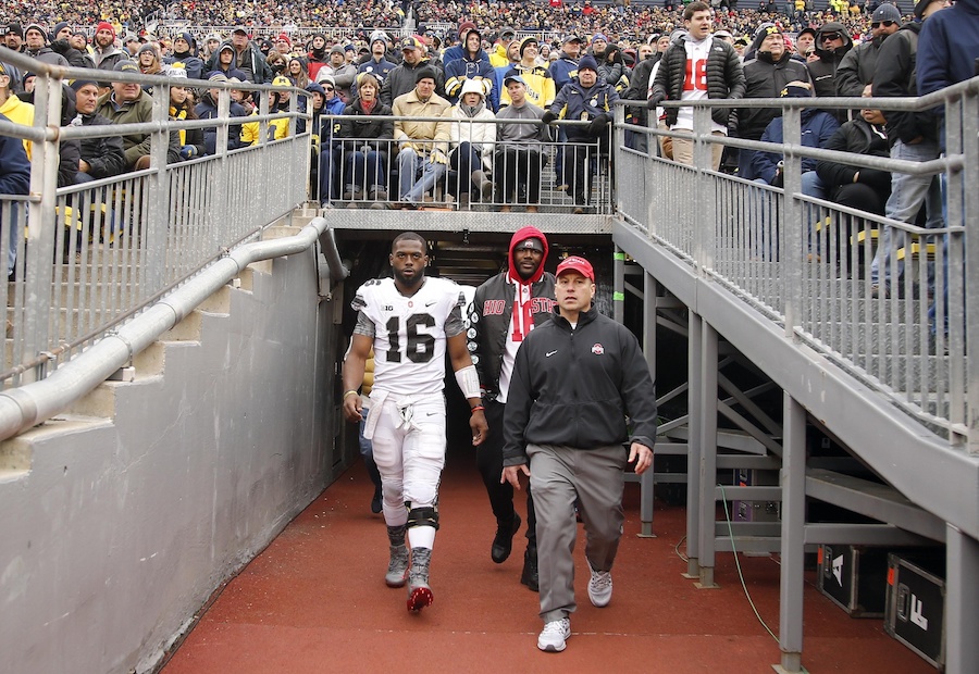 Nov 25, 2017; Ann Arbor, MI, USA; Ohio State Buckeyes quarterback J.T. Barrett (16) returns to the field after being injured but did not play again during the second half of Ohio State's 31-20 win over Michigan at Michigan Stadium. Mandatory Credit: Winslow Townson-USA TODAY Sports