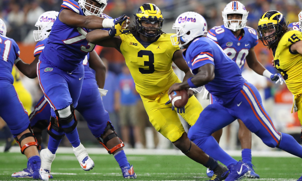 Sep 2, 2017; Arlington, TX, USA; Michigan Wolverines defensive end Rashan Gary (3) pressures Florida Gators quarterback Malik Zaire (8) in the second half at AT&T Stadium. Mandatory Credit: Matthew Emmons-USA TODAY Sports