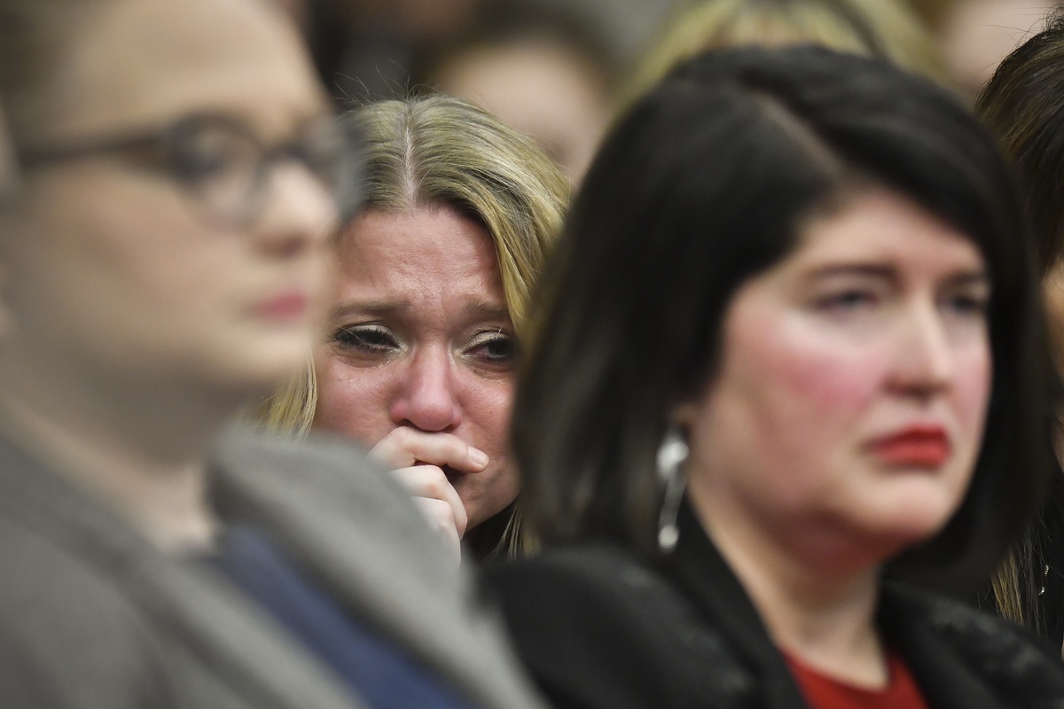 Jan. 24, 2018; Lansing, MI, USA; People in the gallery react, along with prosecuting team, react as Kaylee Lornicz gives her impact statement during the final day of victim impact statements in Ingham County Circuit Court. Mandatory Credit: Matthew Dae Smith/Lansing State Journal via USA TODAY NETWORK
