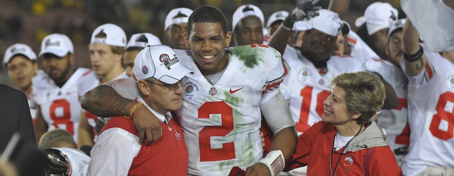 Jim Tressel and Terrelle Pryor celebrate a Rose Bowl win.