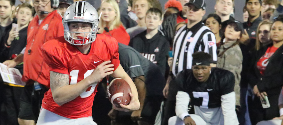 Tate Martell runs the ball during 2017 Student Appreciation Day practice. Tate Martell runs the ball during 2017 Student Appreciation Day practice.