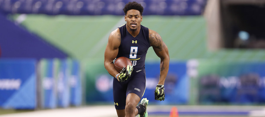 Gareon Conley participates in a drill at the 2017 NFL Scouting Combine.