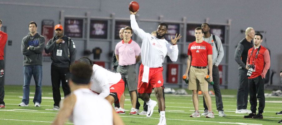 J.T. Barrett throws to Hunter Joseph