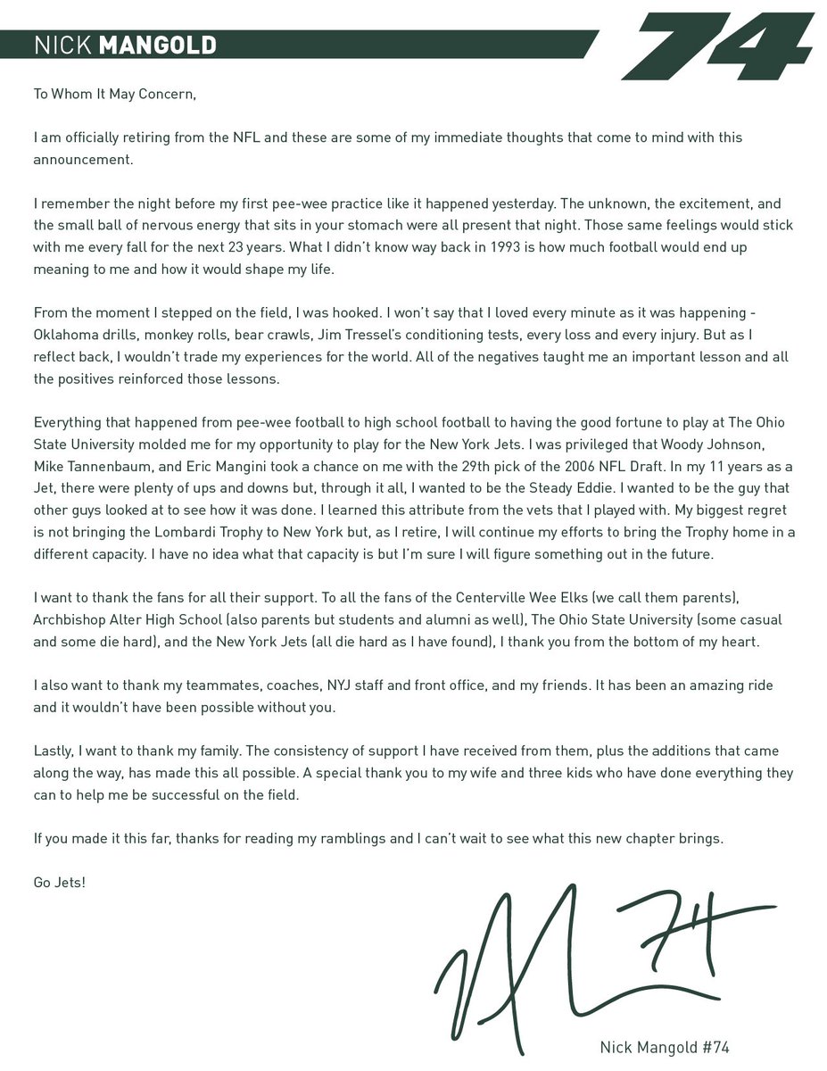 Nick Mangold Retirement Letter