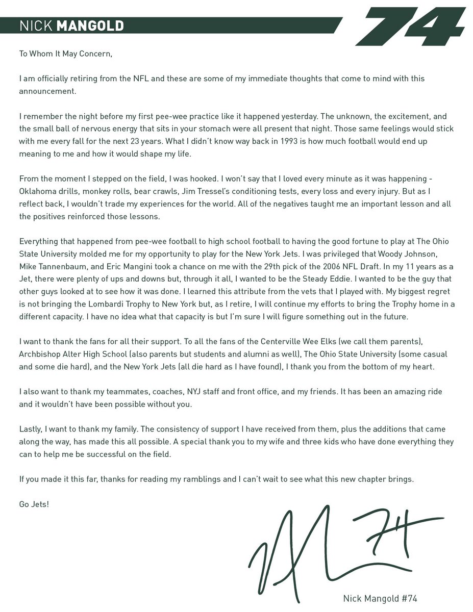 Nick Mangold Retirement Letter Nick Mangold Retirement Letter