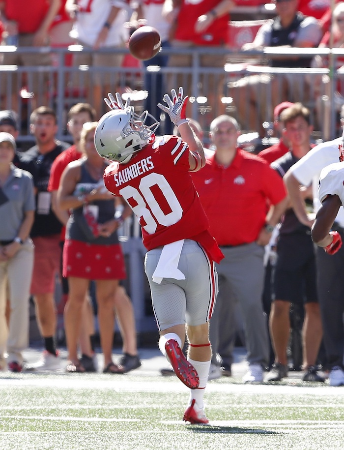 Sep 23, 2017; Columbus, OH, USA; Ohio State Buckeyes wide receiver C.J. Saunders (80) hauls in a pass during the fourth quarter against the UNLV Rebels at Ohio Stadium. Ohio State won 54-21. Mandatory Credit: Joe Maiorana-USA TODAY Sports