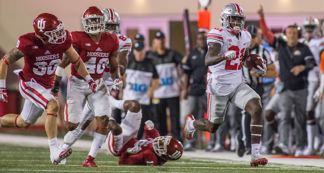 Aug 31, 2017; Bloomington, IN, USA; Ohio State Buckeyes wide receiver Parris Campbell (21) runs for a touchdown after a catch in the second half of the game against the Indiana Hoosiers at Memorial Stadium. Mandatory Credit: Trevor Ruszkowski-USA TODAY Sports