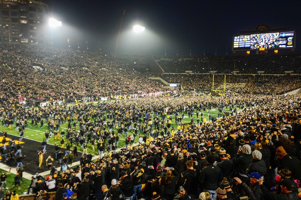 Nov 4, 2017; Iowa City, IA, USA; Iowa Hawkeye fans rush the field after the game against the Ohio State Buckeyes at Kinnick Stadium. Iowa won 55-24. Mandatory Credit: Jeffrey Becker-USA TODAY Sports