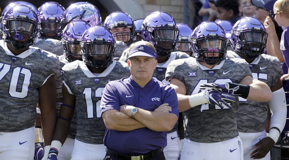 Sep 1, 2018; Fort Worth, TX, USA; TCU Horned Frogs head coach Gary Patterson and his players wait to take the field before the game against the Southern University Jaguars at Amon G. Carter Stadium. Mandatory Credit: Tim Heitman-USA TODAY Sports