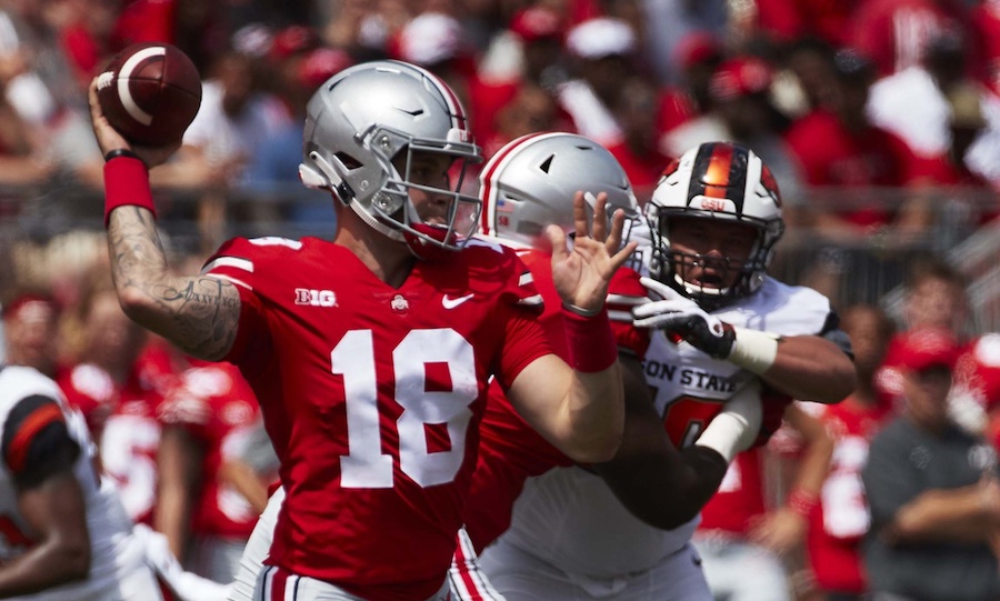 Sep 1, 2018; Columbus, OH, USA; Ohio State Buckeyes quarterback Tate Martell (18) passes the ball in the first half against the Oregon State Beavers at Ohio Stadium. Mandatory Credit: Rick Osentoski-USA TODAY Sports