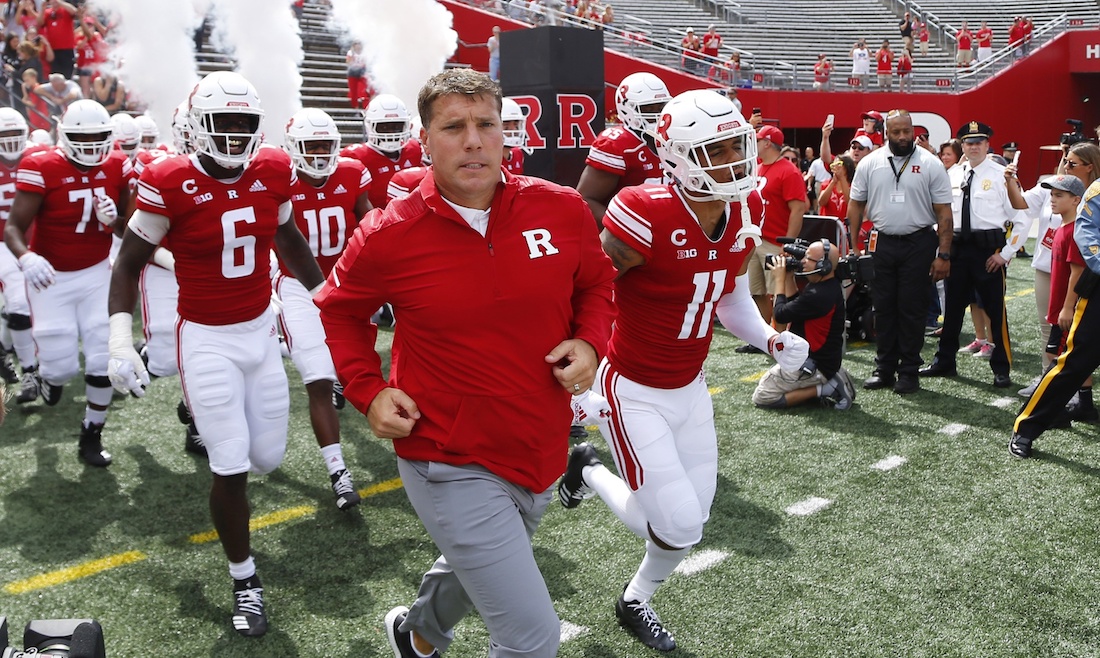 Sep 1, 2018; Piscataway, NJ, USA; Rutgers Scarlet Knights head coach Chris Ash takes the field for the start of a game against the Texas State Bobcats at High Point Solutions Stadium. Mandatory Credit: Noah K. Murray-USA TODAY Sports