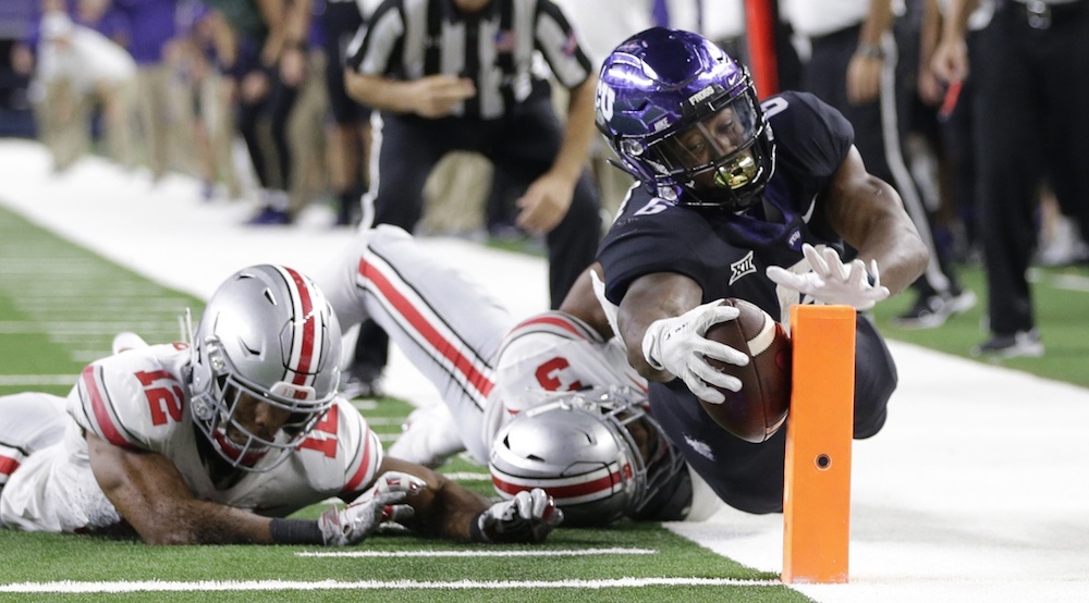 Sep 15, 2018; Arlington, TX, USA; TCU Horned Frogs running back Darius Anderson (6) scores a touchdown against Ohio State Buckeyes cornerback Damon Arnette Jr. (3) in the third quarter at AT&T Stadium. Mandatory Credit: Tim Heitman-USA TODAY Sports