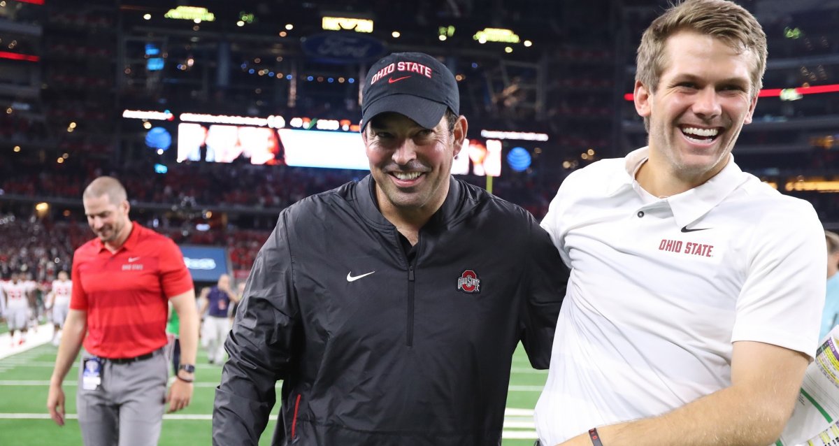 Sep 15, 2018; Arlington, TX, USA; Ohio State Buckeyes interim head coach Ryan Day celebrates a victory against the Texas Christian Horned Frogs at AT&T Stadium. Mandatory Credit: Matthew Emmons-USA TODAY Sports