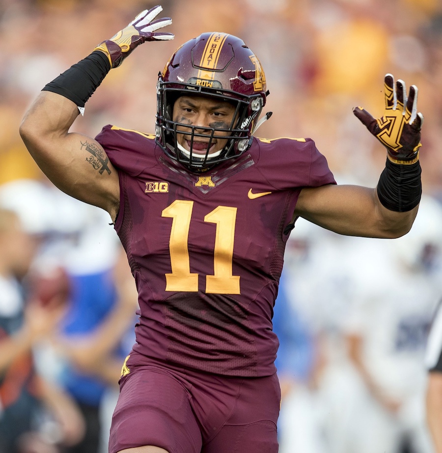 Aug 31, 2017; Minneapolis, MN, USA; Minnesota Golden Gophers defensive back Antoine Winfield Jr. (11) celebrates after making a tackle for loss in the first quarter against the Buffalo Bulls at TCF Bank Stadium. Mandatory Credit: Jesse Johnson-USA TODAY Sports