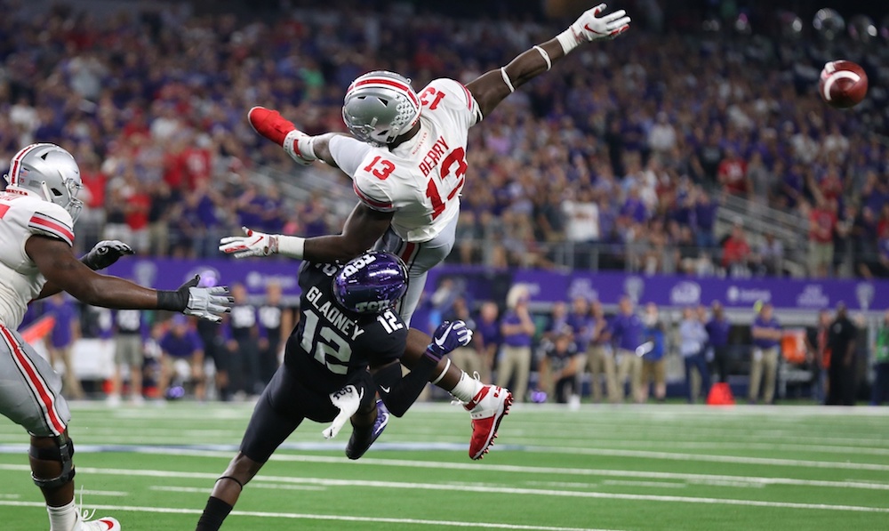 ep 15, 2018; Arlington, TX, USA; Ohio State Buckeyes tight end Rashod Berry (13) can not make the catch for a two point conversion against Texas Christian Horned Frogs cornerback Jeff Gladney (12) at AT&T Stadium. Mandatory Credit: Matthew Emmons-USA TODAY Sports