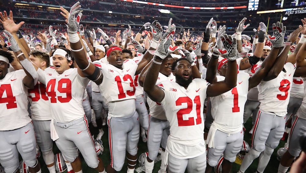 Sep 15, 2018; Arlington, TX, USA; Ohio State Buckeyes receiver Parris Campbell (21) celebrates with team mates while singing 'Carmen Ohio' against the Texas Christian Horned Frogs at AT&T Stadium. Mandatory Credit: Matthew Emmons-USA TODAY Sports