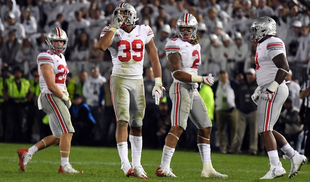 Sep 29, 2018; University Park, PA, USA; Ohio State Buckeyes linebacker Malik Harrison (39) reacts after stopping the Penn State Nittany Lions on fourth down in the fourth quarter at Beaver Stadium. Mandatory Credit: James Lang-USA TODAY Sports