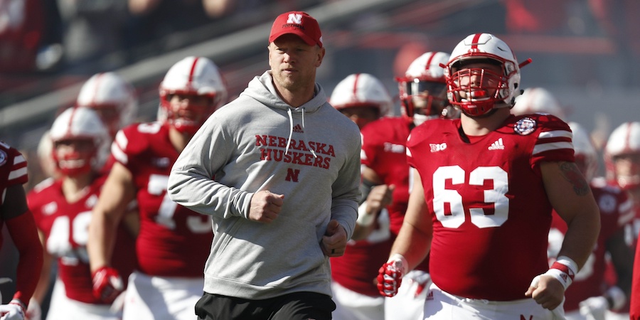 Oct 20, 2018; Lincoln, NE, USA; Nebraska Cornhuskers head coach Scott Frost leads his team onto the field prior to the game against the Minnesota Golden Gophers at Memorial Stadium. Mandatory Credit: Bruce Thorson-USA TODAY Sports