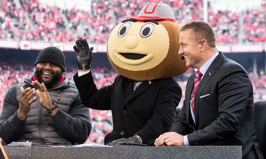 Nov 26, 2016; Columbus, OH, USA; Ohio State Buckeyes former lineman Orlando Pace (l) with ESPN College Gameday commentators Lee Corso and Kirk Herbstreit during the pregame broadcast before the game between the Ohio State Buckeyes and Michigan Wolverines at Ohio Stadium. Ohio State won the game 30-27 in double overtime. Mandatory Credit: Greg Bartram-USA TODAY Sports