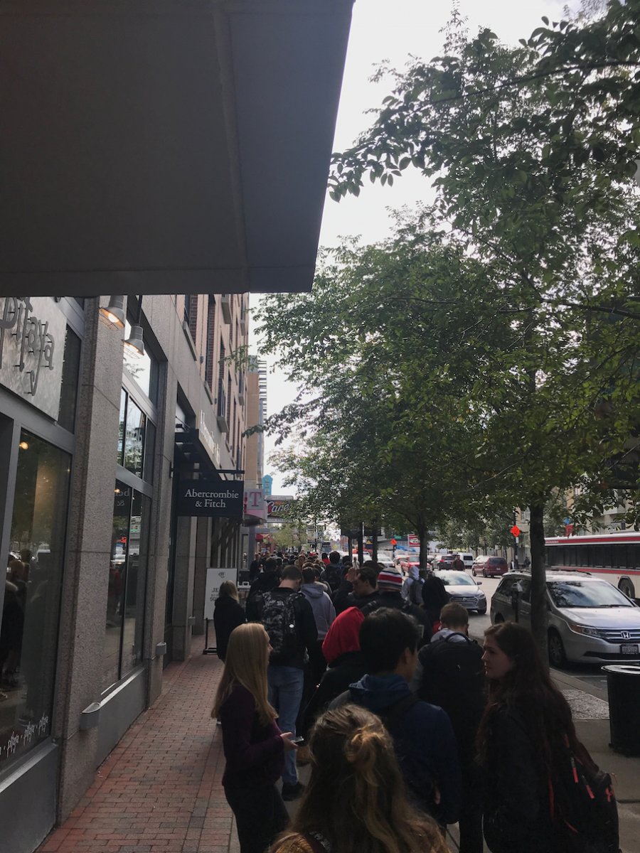Line of students wanting free food. Line of students wanting free food.