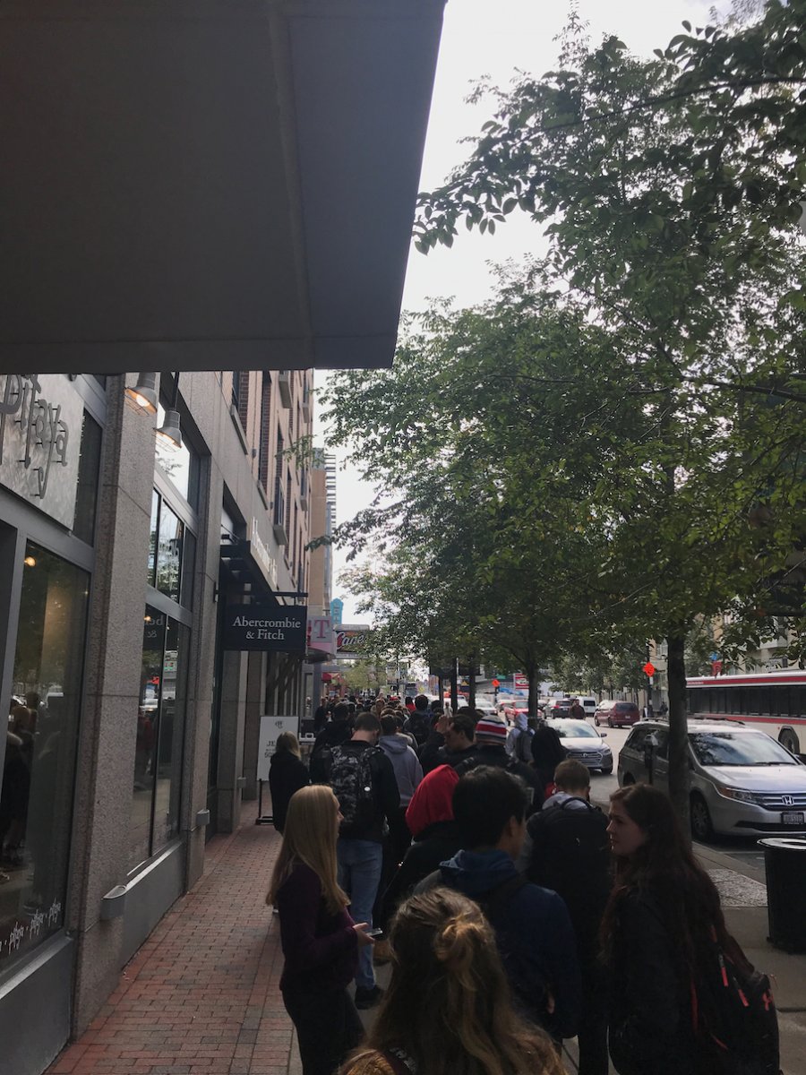 Line of students wanting free food.